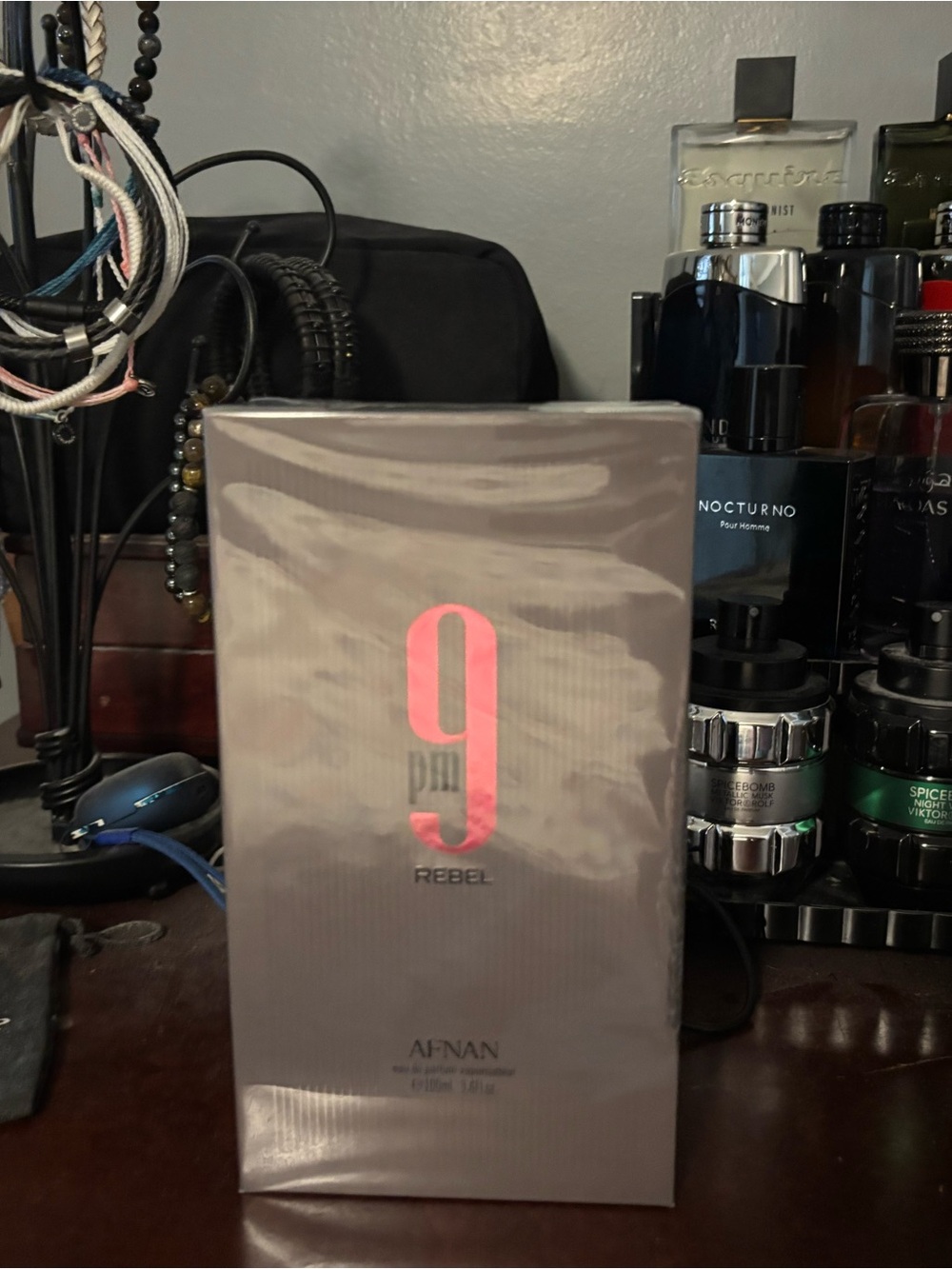 Afnan 9 PM Rebel Eau de Parfum - Gray with Pink Logo new in box not open!